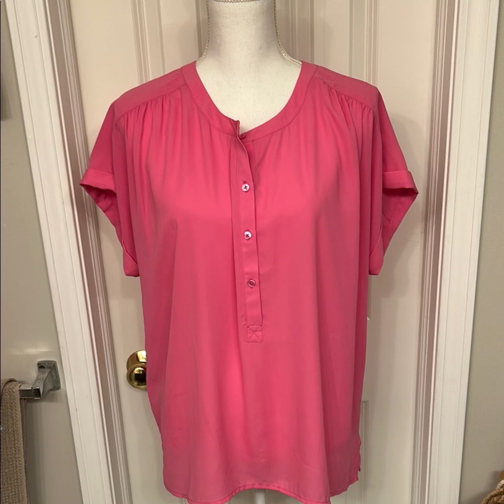 Ann Taylor Pink Short Sleeve Blouse with Mandarin Collar